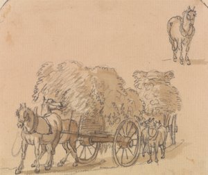 馬と荷を積んだ2つの干し草カート
